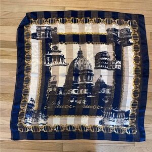 Vintage Raffaello Roma Scarf Rome Architecture Square Blue White Gold Silky